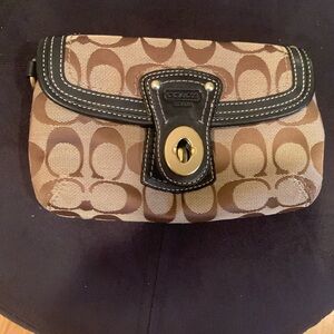 Coach Wristlet Signature Fabric with leather pipping and strap